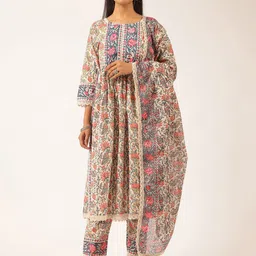 Vbuyz Women Floral Printed Cotton Kurta with Trousers & Dupatta-image-43