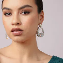 DressBerry Gold-Plated Artificial Stones Studded Contemporary Drop Earrings-31