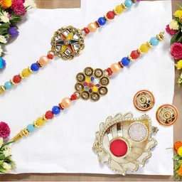 MEIRA JEWELLERY Set Of 2 Designer Rakhis With Greeting Card & Roli Chawal-image-25