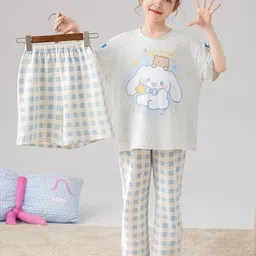 INCLUD Girls Printed T-shirt with Checked Pyjamas & Shorts-image-1