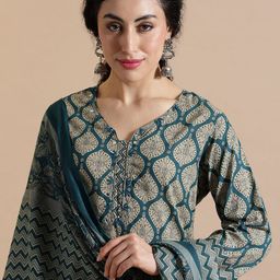 Anouk Floral Printed Thread Work Pure Cotton Kurta with Trouser & Dupatta image 4