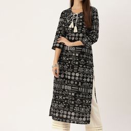 Varanga Women Black Printed Pure Cotton Kurta with Trousers-image-75