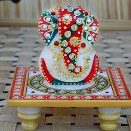 eCraftIndia Red & Green Marble Lord Ganesh Idol Showpiece with Chowki-image-58