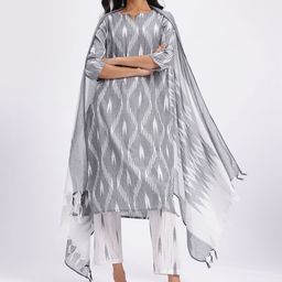Anouk Ikat Print Regular Pure Cotton Kurta with Trousers & Dupatta image 3