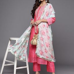 Varanga Pink & Green Yoke Design Chanderi Silk Kurta with Trousers & With Dupatta-picture-21