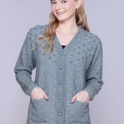 FIRST SLEEP Women Solid Self Design V-Neck Long Sleeves Woollen Regular Cardigan-picture-44