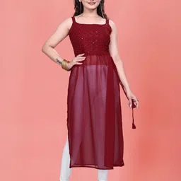 PARROT CREATION Floral Yoke Design Sequinned Shoulder Straps Straight High Slit Kurta-picture-8