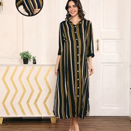MomToBe Three Fourth Sleeves Rayon Striped Maternity Dress - Green & Black-picture-18