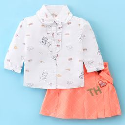 ToffyHouse Cotton Woven Full Sleeves Printed Top & Yarn Dyed Checkered Skirt Set With Suspender - Orange-picture-21