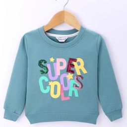 Smarty Girls Cotton Knit Full Sleeves Sweatshirt with Text & Sequin Embroidery - Light Blue-image-57