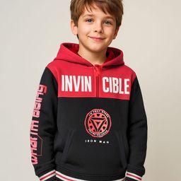Pine Kids Marvel Terry Knit Full Sleeves Hooded Sweatshirt With Iron Man Graphics - Black & Red-image-25