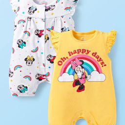 Babyhug Disney Interlock Knit Frill Sleeves Front Open Rompers with Minnie Mouse Graphics Pack of 2 - White & Yellow-image-28