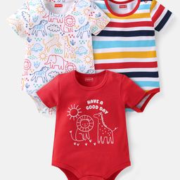 Babyhug Interlock Knit Half Sleeves Onesies With Animal Print Pack of 3 - Red & White-image-54