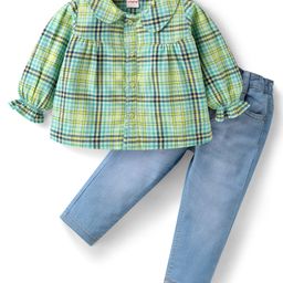 Babyhug Cotton Woven Full Sleeves Peter Pan Collar Checkered Top & Denim Jeans Set - Light Green-image-74