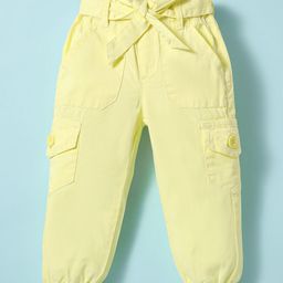 Olio Kids Cotton Woven Full Length Solid Colour Trousers With Fabric Belt & Cargo Pockets - Yellow-image-83