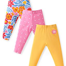 Babyhug Cotton Lycra Full Length Skinny Fit Leggings with Stretch Floral & Polka Dot Print Pack of 3 - Mustard Pink & White-image-81