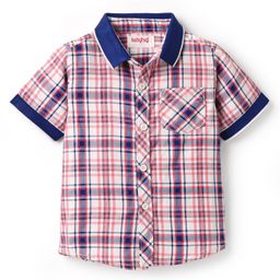 Babyhug Cotton Woven Half Sleeves Shirt with Check Print - Red & Navy Blue-image-22