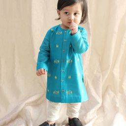 Tiber Taber 100% Chanderi Cotton Full Sleeves Peacock Embroidered Kurta With Pyjama Set - Blue-image-96