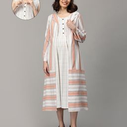 The Mom Store Cotton Checked Maternity Dress With Zipless Nursing Access & Full Sleeves Striped Shacket Set - Multi Colour-image-38