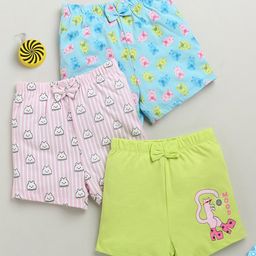 BUMZEE Cotton Knit Above Knee Length Teddy & Cat Printed Shorts With Bow Applique Pack of 3 - Lavender Light Blue & Light Green-image-29