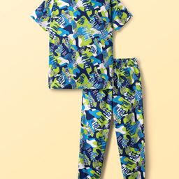 Pine Kids Single Jersey Knit Half Sleeves Co-Ord Night Suit with Im Free Text Print - Green & Blue-image-3