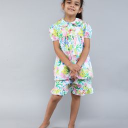 Little Clothing Cotton Woven Half Sleeves Floral Printed Top & Coordinating Shorts Set - Multi Colour-image-103