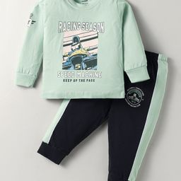 CUCUMBER Sinker Knit Full Sleeves T-Shirt & Lounge Pant Set With Car Print - Sea Green & Black-image-31
