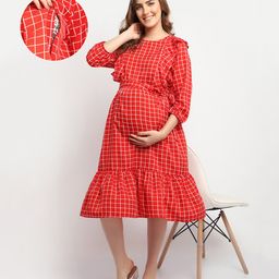 Moms Maternity Woven Three Fourth Puffed Sleeves Checked Maternity Tiered Dress With Side Zipper Nursing Access - Red-image-52