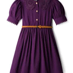 Hola Bonita Knit Full Puffed Sleeves Solid Colour Dress With Belt - Purple-picture-34
