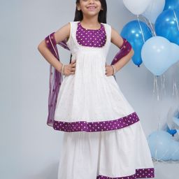 Little Bansi 100% Cotton With Chanderi Silk Woven Sleeveless Floral & Zari Work Embroidered Kurti With Coordinating Sharara & Dupatta - White-picture-1