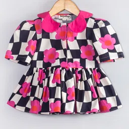 Hugsntugs Cotton Woven Half Sleeves Warped Checked & Floral Printed Peplum Top - Black-picture-17