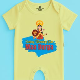 The Peppy Tend 100% Cotton Knit Durga Puja Theme Half Sleeves Seeking Blessings From Maa Durga Text Printed Romper - Yellow-picture-17