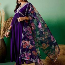 URMIR FASHION Women Purple Pleated Kurta with Trousers & With Dupatta-image-58