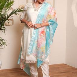 HERE&NOW Women Floral Regular Gotta Patti Chanderi Silk Kurta with Trousers & With Dupatta-picture-41