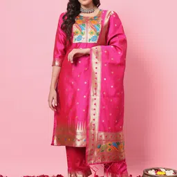 VredeVogel Floral Woven Design Cotton Silk Straight Kurta With Trousers & Dupatta-picture-42