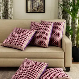 Myntra Elegant Homes Pink & Beige Set of 5 Checked Square Cushion Covers-15