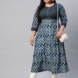 YASH GALLERY Plus Size Chevron Printed Keyhole Neck Thread Work Cotton A Line Kurta image 5