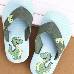 Cute Walk by Babyhug Striped & Dino Printed Slip On Flip Flops - Green & Blue-image-91