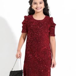 Hola Bonita Party Wear with Half Puffed Sleeves Glitter & Sequin Dress -Red-picture-38