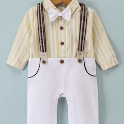 Mark & Mia Full Sleeves Party Wear Romper with Bow Detailing & Suspender Striped Print - White & Yellow-image-84