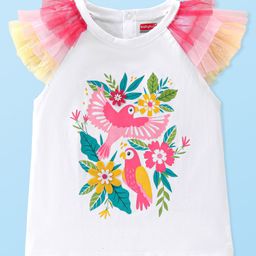 Babyhug Cotton Knit Half Sleeves Top with Floral Graphics & Frill Detailing - White-image-46