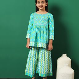 READIPRINT Three Fourth Sleeves Floral Printed & Mirror Work Embellished Cotton Kurta With Chevron Designed Sharara -  Turquoise Blue-picture-35
