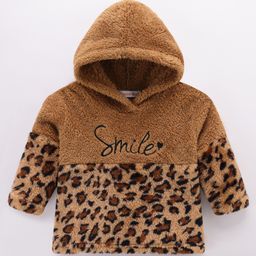 Kookie Kids Full Sleeves Fur Sweatshirt with Cheetah Print Detailing - Brown-image-56