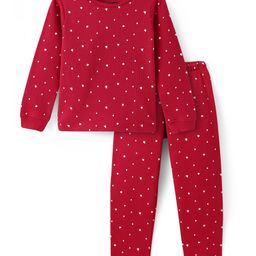 Pine Kids Knit Full Sleeves Heart Printed Thermal Vest & Pant Set - Red-picture-10