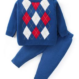 Babyhug Knitted Full Sleeves Sweater Set with Cosby Argyle Design  - Blue-image-43