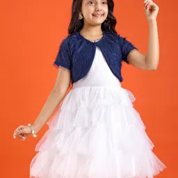 Pine Kids Woven Solid Color Dress with Half Sleeves Fur Shrug - White & Blue-picture-47
