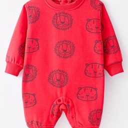 Little Kangaroos Cotton Knit Full Sleeves Lion Print Romper - Coral Red-image-67