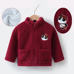 Kookie Kids Full Sleeves Winter Fur Jacket with Panda Patch & Pockets - Maroon-image-97