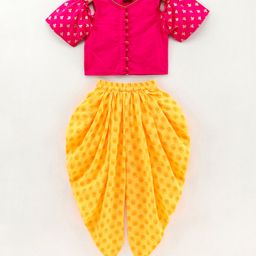 Twisha Cold Shoulder Foil Motif Printed Top With Dhoti - Pink & Yellow-image-61