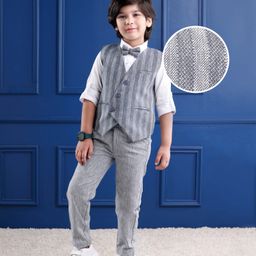 Mark & Mia Cotton Woven Full Sleeves Striped 3 Piece Party Suit With Bow - Grey-image-88